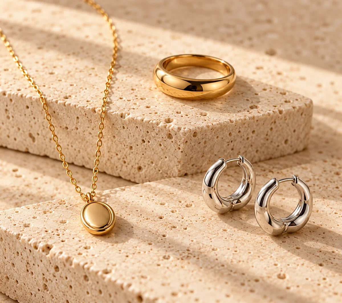 Selección de joyas doradas y plateadas sobre piedra beige para Novedades BRILIARA