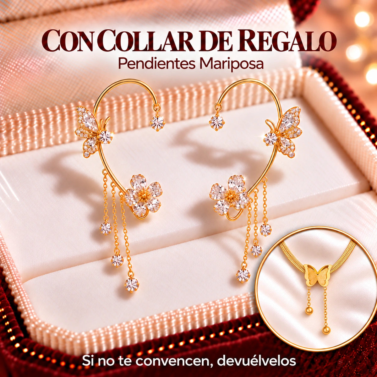 Pendientes Mariposa con collar de regalo de cadena plana y mariposa dorada